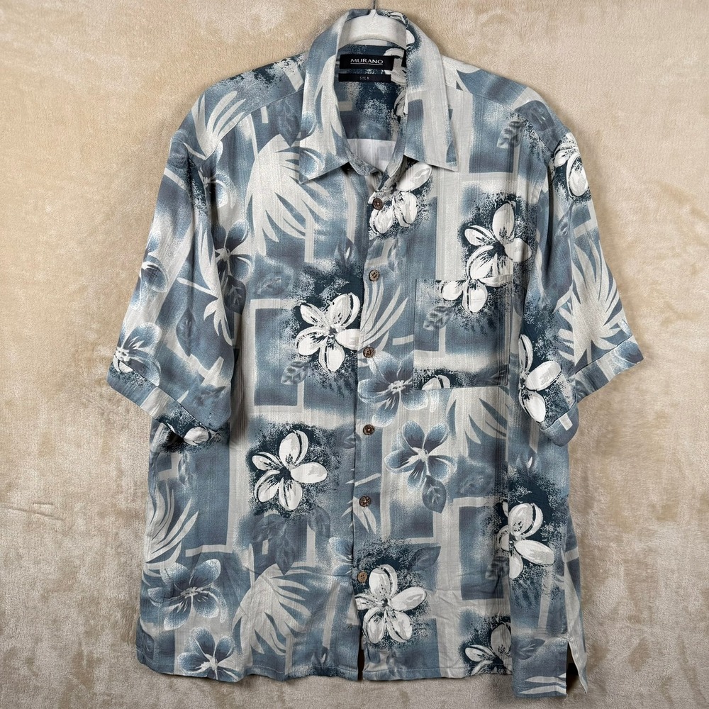 Murano Mens L Blue Grey Floral Tropical 100% Silk Short Sleeve Button Down Camp